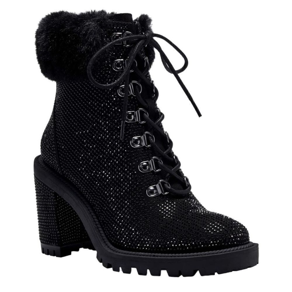 Jessica Simpson Delilah Studded Block Heel Pewter Bootie Faux Fur Trim